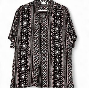 LEVEL TEN Desing XL Black Pink Geometric Pattern Short Sleeves Shirts Button Up